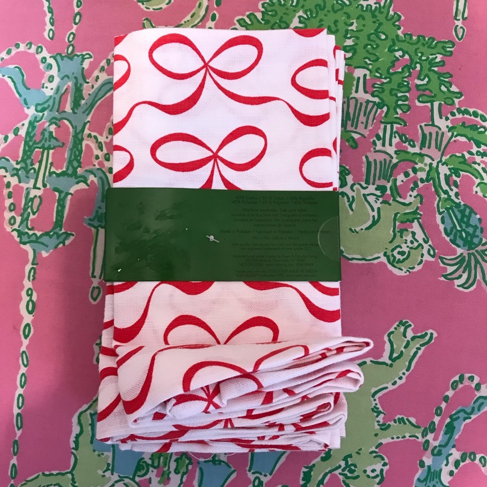 KATE SPADE Red ribbon bow Set 6 Cloth Napkins - Picture 3 of 4